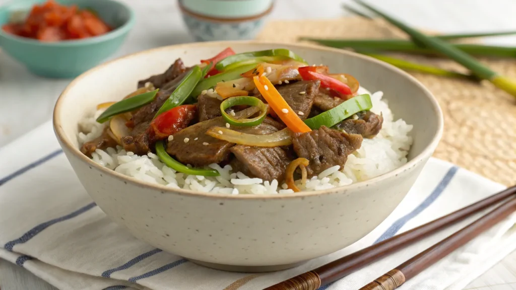  "A bowl of pepper steak with onion served with rice, highlighting the dish’s Chinese-American culinary roots."
