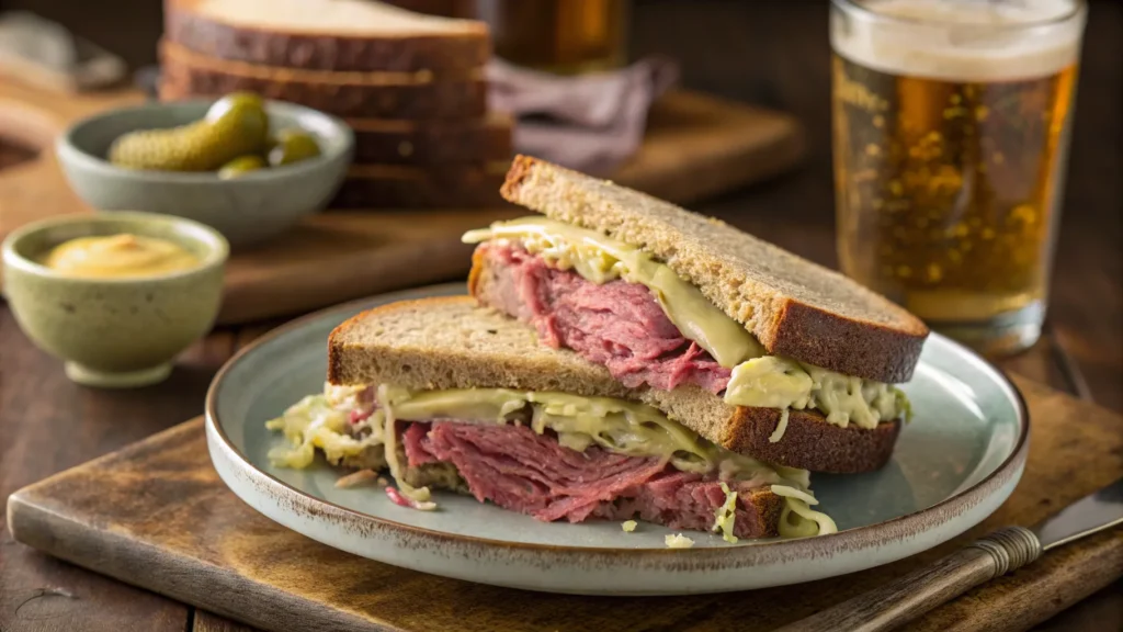 Corned beef and cabbage sandwich made from leftovers, served on a rustic plate.
