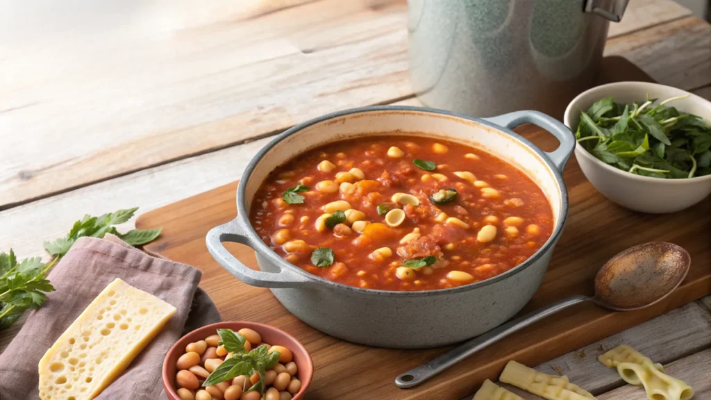 A pot of pasta fagioli with text overlays highlighting common cooking issues like mushy pasta, hard beans, and tips for perfect results.
