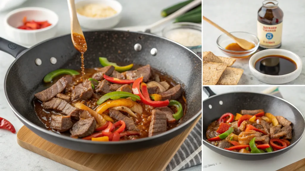 "A step-by-step cooking process of making pepper steak with onion in a wok, showing beef, peppers, and sauce."
