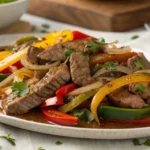 "Close-up of a plate of pepper steak with onion, featuring tender beef slices, colorful bell peppers, and a rich, glossy savory sauce."