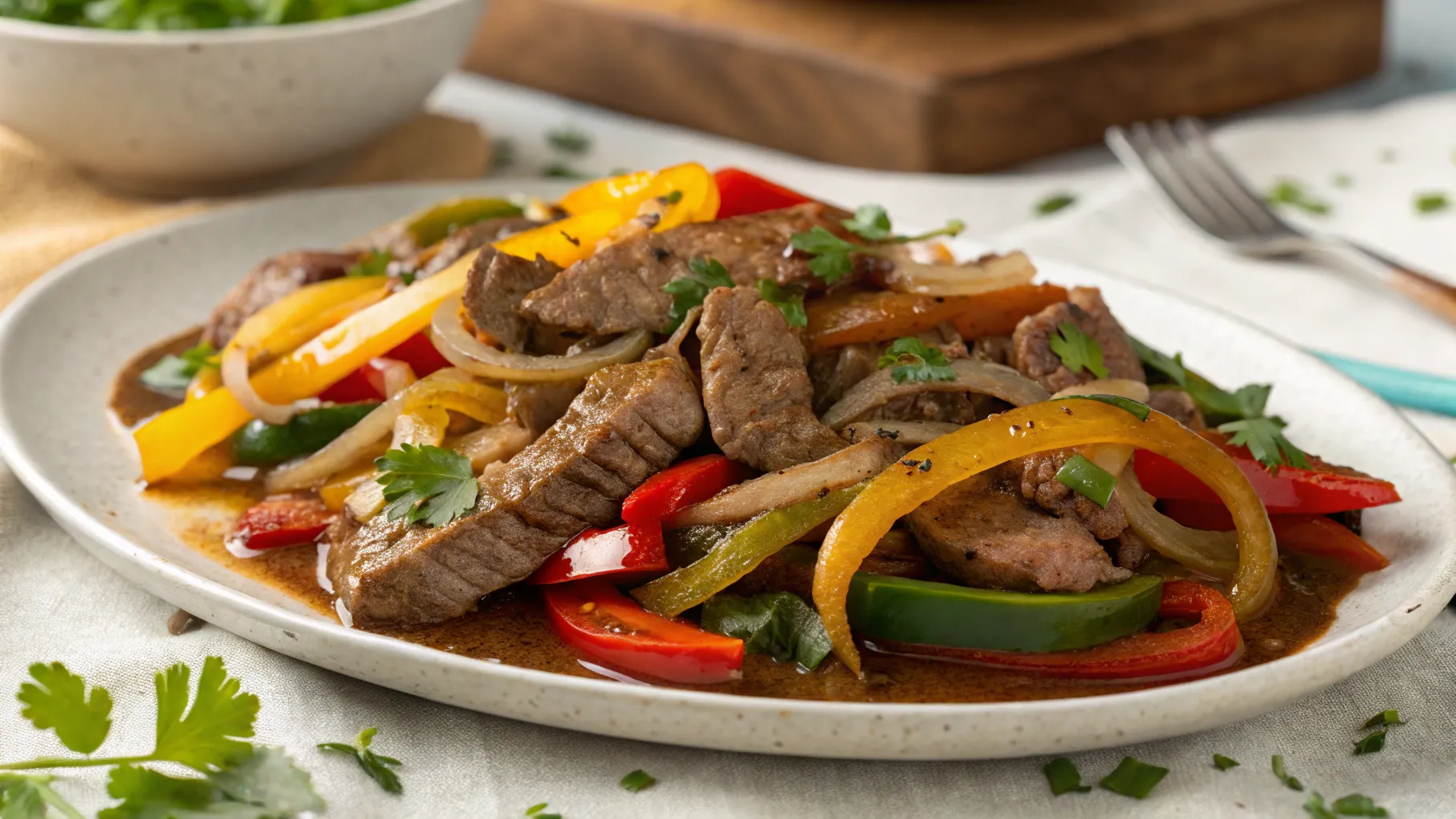 "Close-up of a plate of pepper steak with onion, featuring tender beef slices, colorful bell peppers, and a rich, glossy savory sauce."