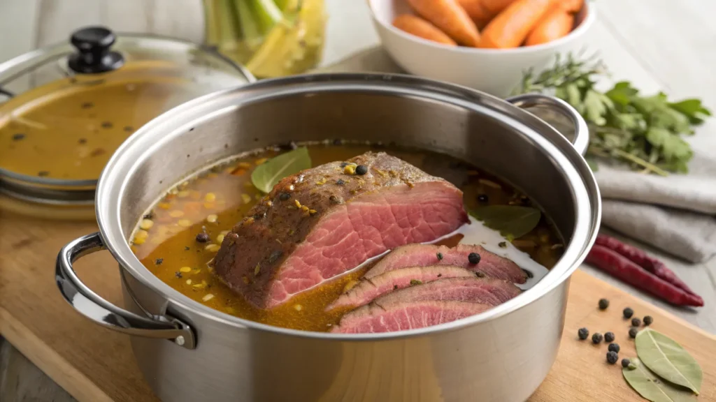 Pressure cooker filled with broth, spices, and corned beef brisket, ready to cook.
