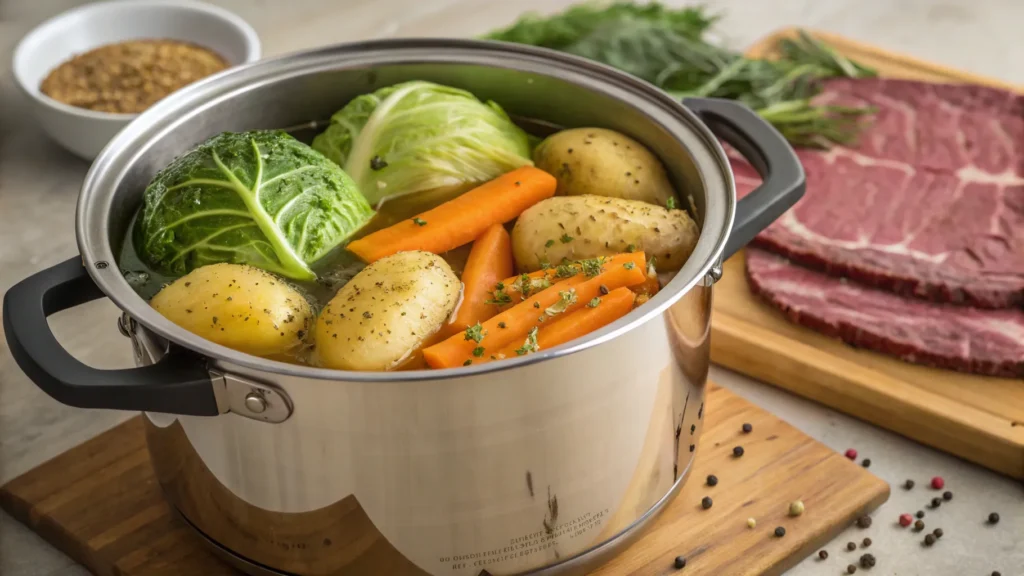 Potatoes, carrots, and cabbage added to the pressure cooker after removing the corned beef.
