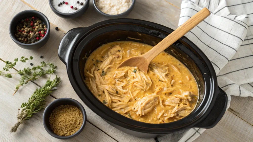 A top-down view of a crock pot filled with tender, slow-cooked chicken in rich golden gravy. A wooden spoon stirs the mixture, while small bowls of spices, herbs, and seasonings are arranged neatly on the side. Soft natural lighting enhances the warm and inviting kitchen atmosphere, emphasizing the texture and depth of flavors.