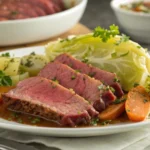 A beautifully plated serving of tender, sliced corned beef with vibrant green cabbage, golden potatoes, and bright orange carrots, all steaming hot and garnished with fresh parsley. A small dish of whole-grain mustard sits beside the plate on a rustic wooden table, creating a warm and inviting presentation.