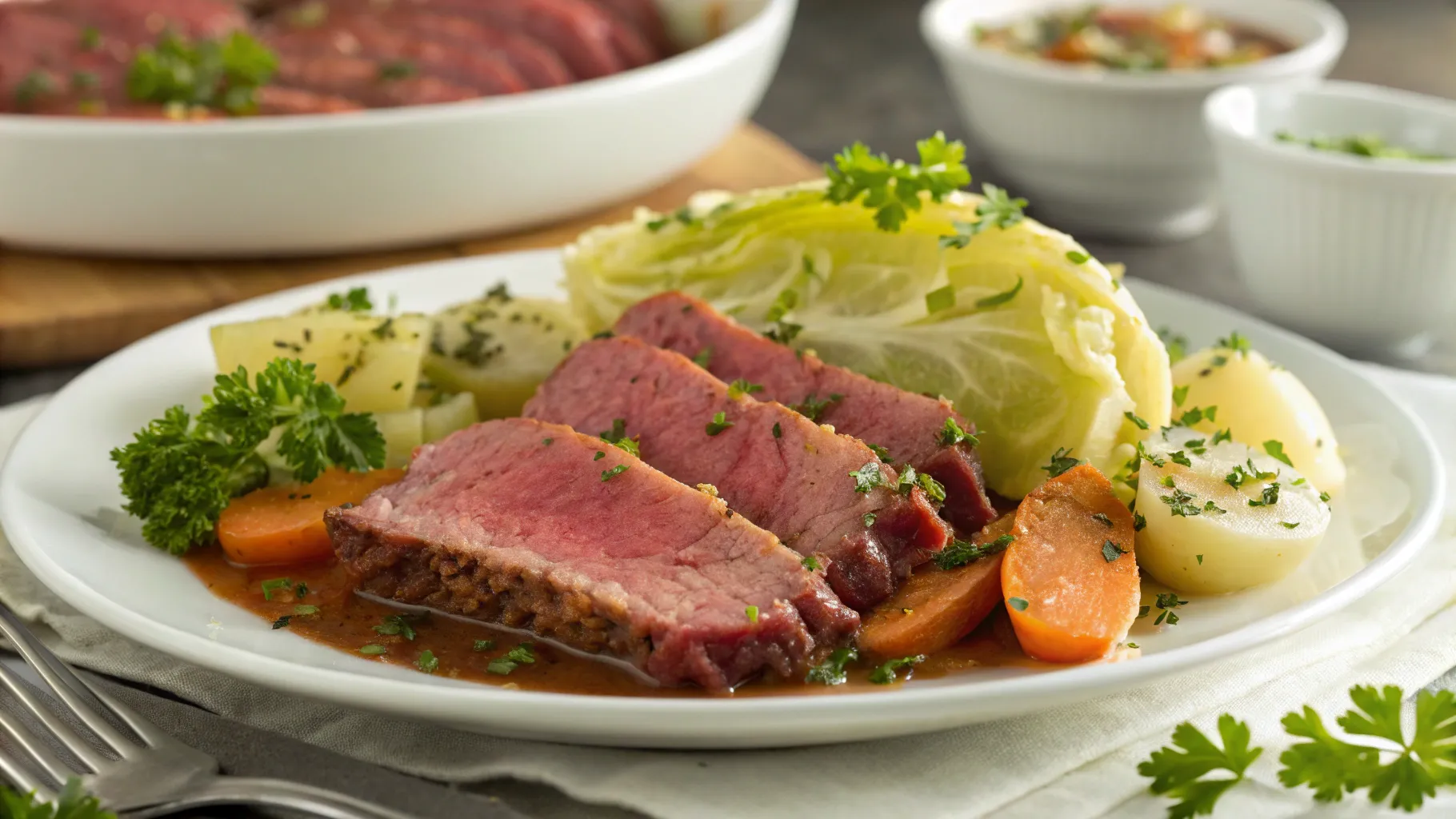 A beautifully plated serving of tender, sliced corned beef with vibrant green cabbage, golden potatoes, and bright orange carrots, all steaming hot and garnished with fresh parsley. A small dish of whole-grain mustard sits beside the plate on a rustic wooden table, creating a warm and inviting presentation.