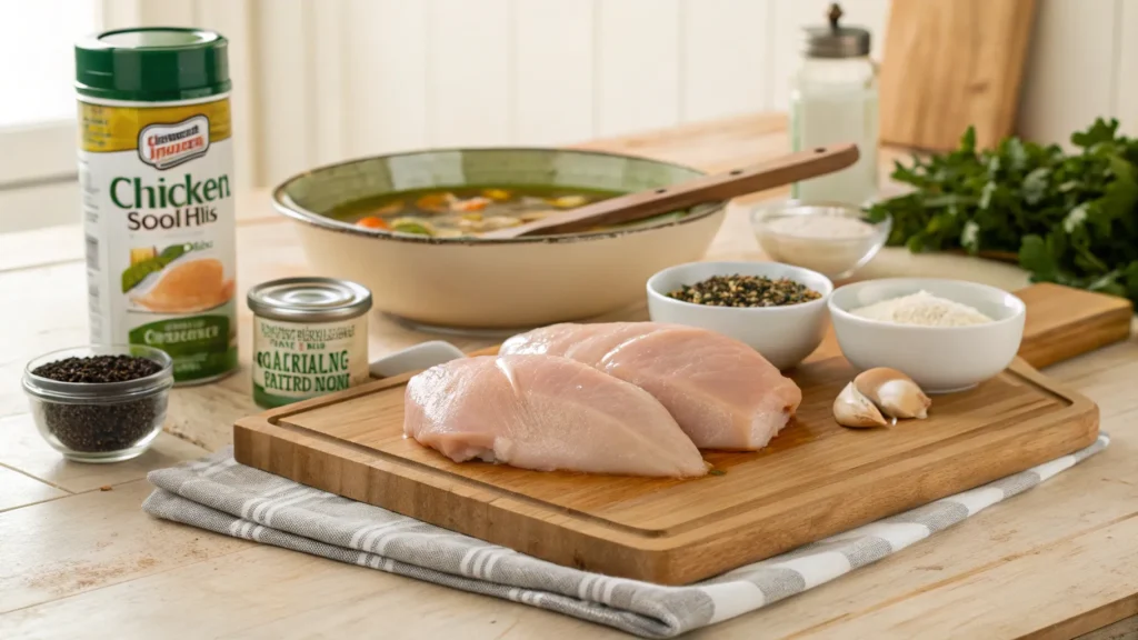 Image of raw chicken breasts, a can of cream of chicken soup, chicken broth, and seasoning ingredients laid out on a kitchen counter.
