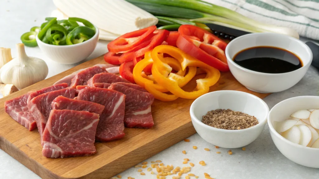  "Fresh ingredients for pepper steak with onion, including sliced beef, bell peppers, onions, soy sauce, and garlic."
