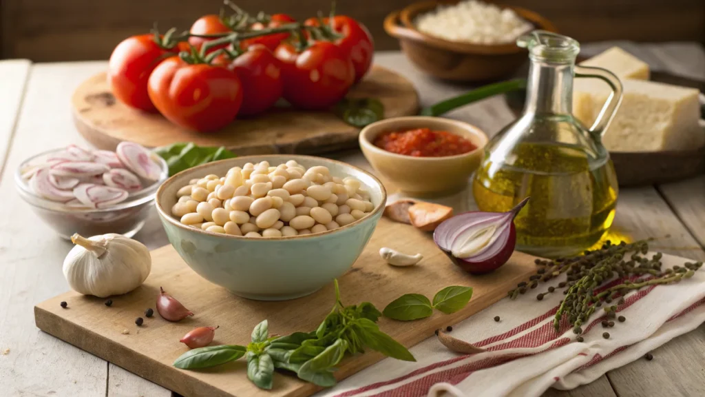 Ingredients for authentic pasta fagioli including cannellini beans, ditalini pasta, fresh tomatoes, garlic, onions, and olive oil displayed on a wooden table.
