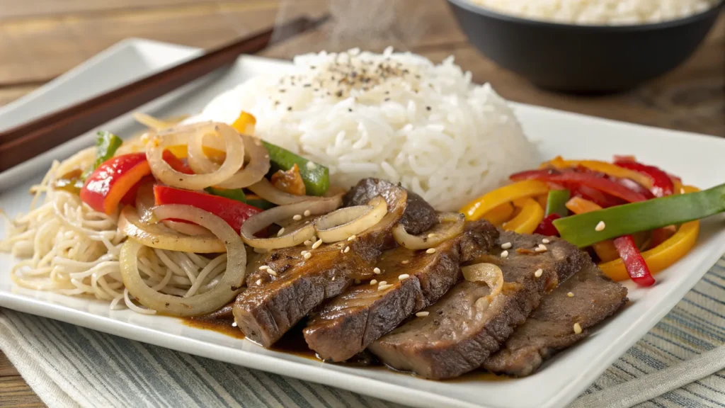 "Pepper steak with onion served with steamed rice, noodles, and vegetables for a complete meal pairing."
