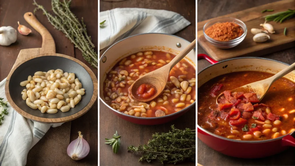 Step-by-step preparation of pasta fagioli showing sautéed garlic and onions, simmering tomato broth, cooked beans, and pasta being mixed in a pot.
