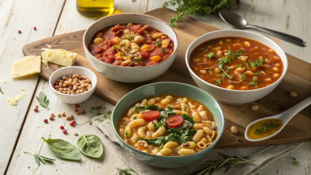 Three versions of pasta fagioli: a creamy northern Italian style, a tomato-based southern version, and a vegan pasta fagioli with spinach.
