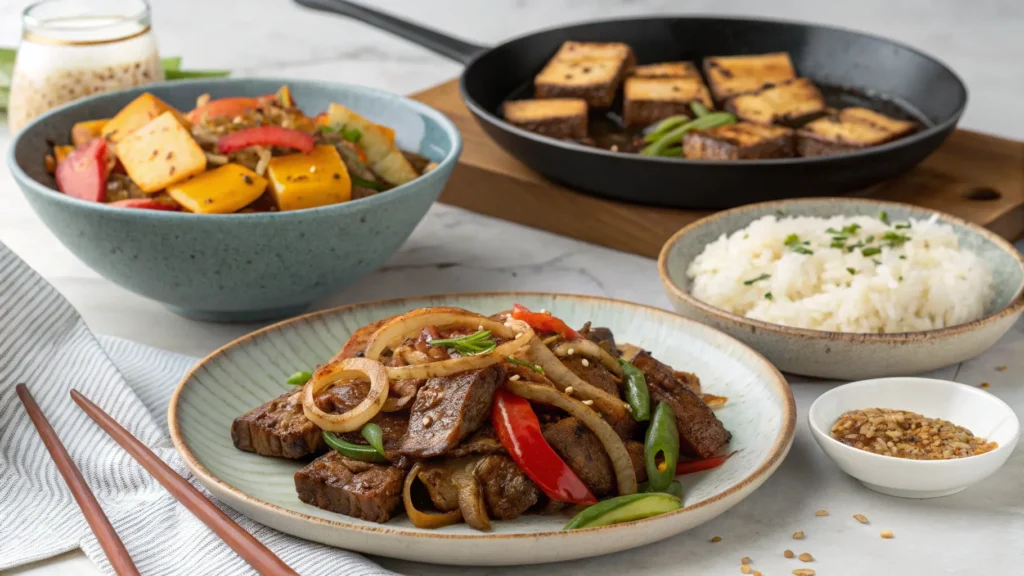 "Three variations of pepper steak with onion: Asian-inspired, keto-friendly, and vegan tofu pepper steak options."
